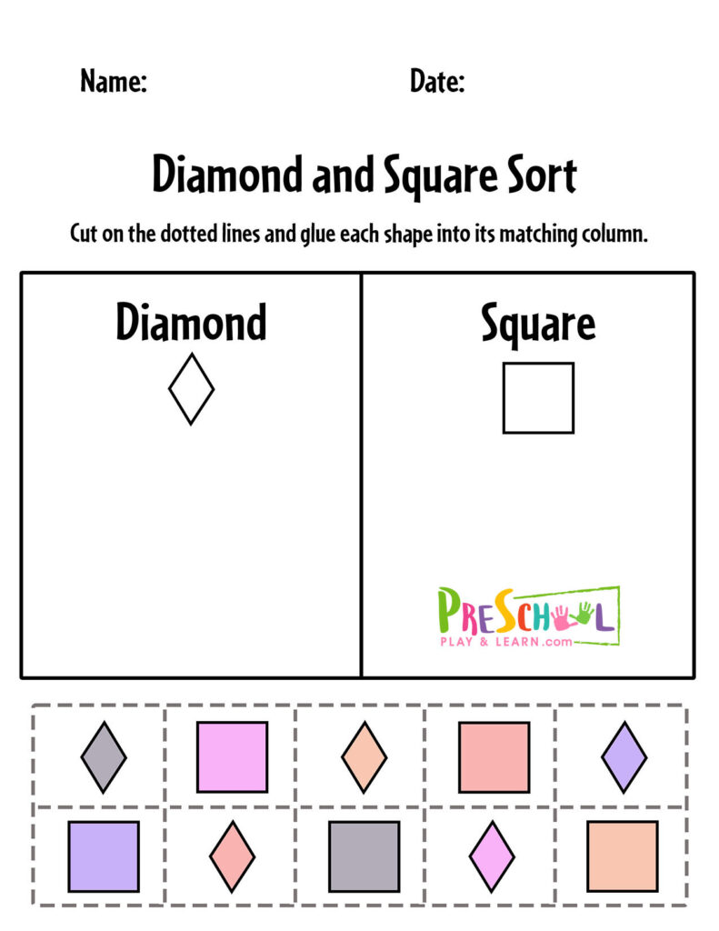 Printable diamond and square sorting worksheet