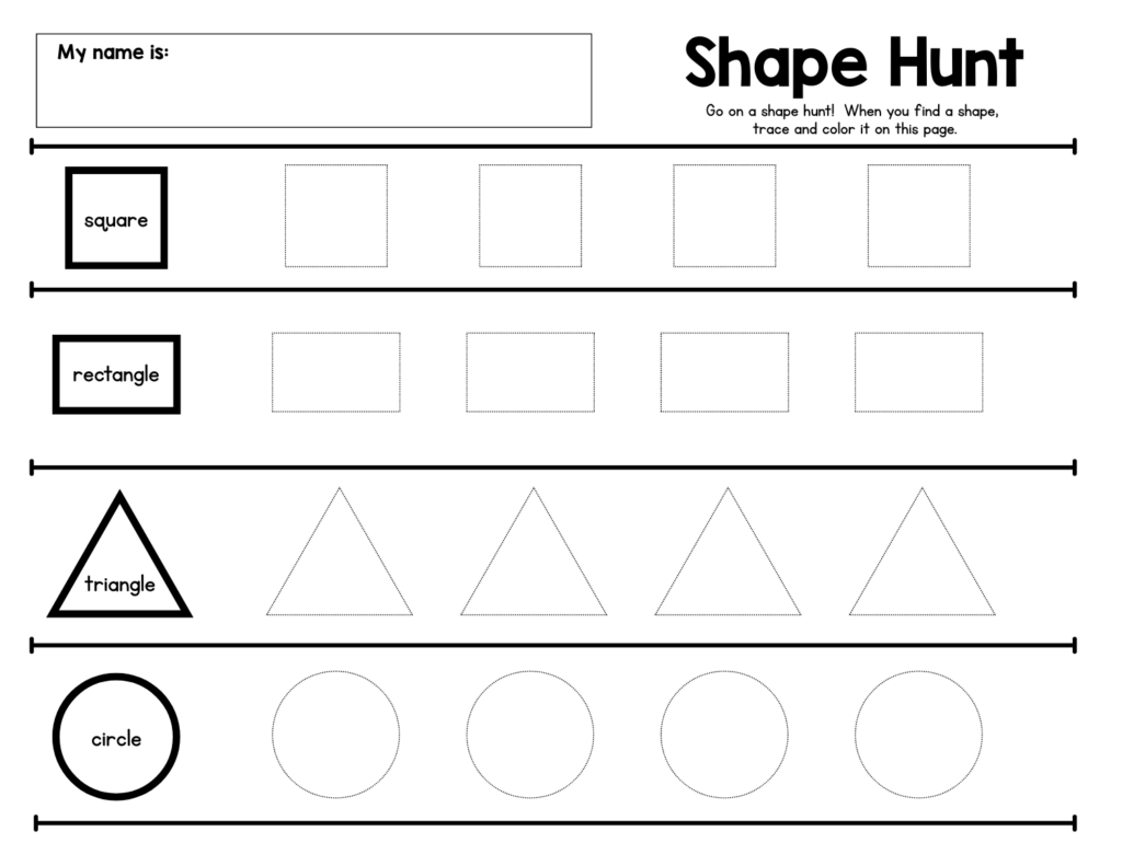 Shape Hunt worksheet with squares, rectangles, triangles, circles