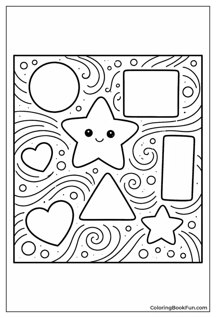 Black-and-white shapes coloring page with smiling star