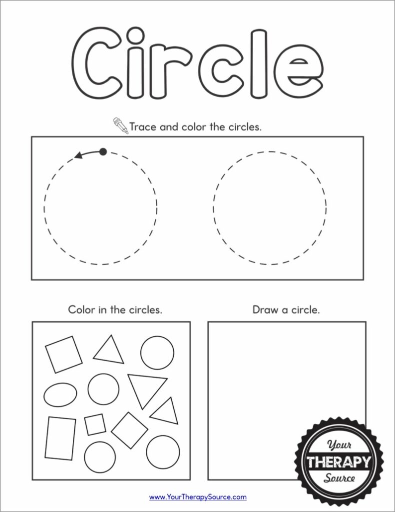 Circle tracing worksheet with shapes and blank box