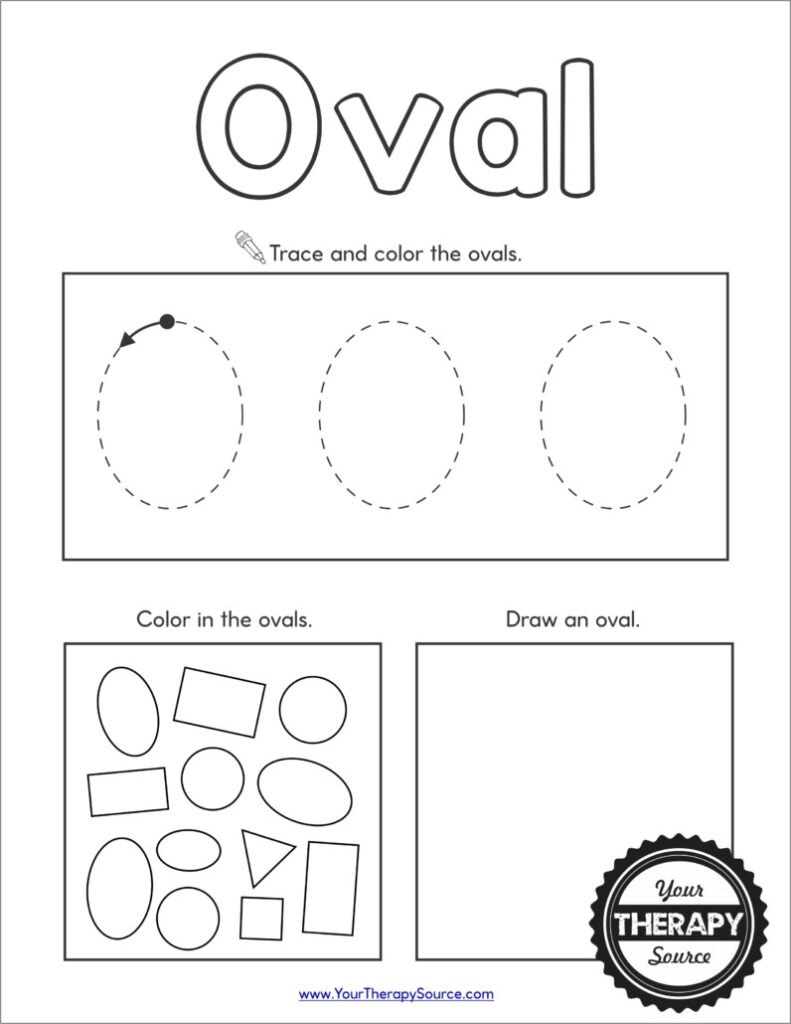 Oval shape tracing and coloring worksheet page