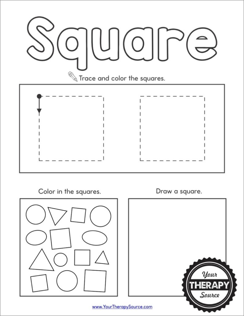 Square tracing and coloring worksheet with shapes