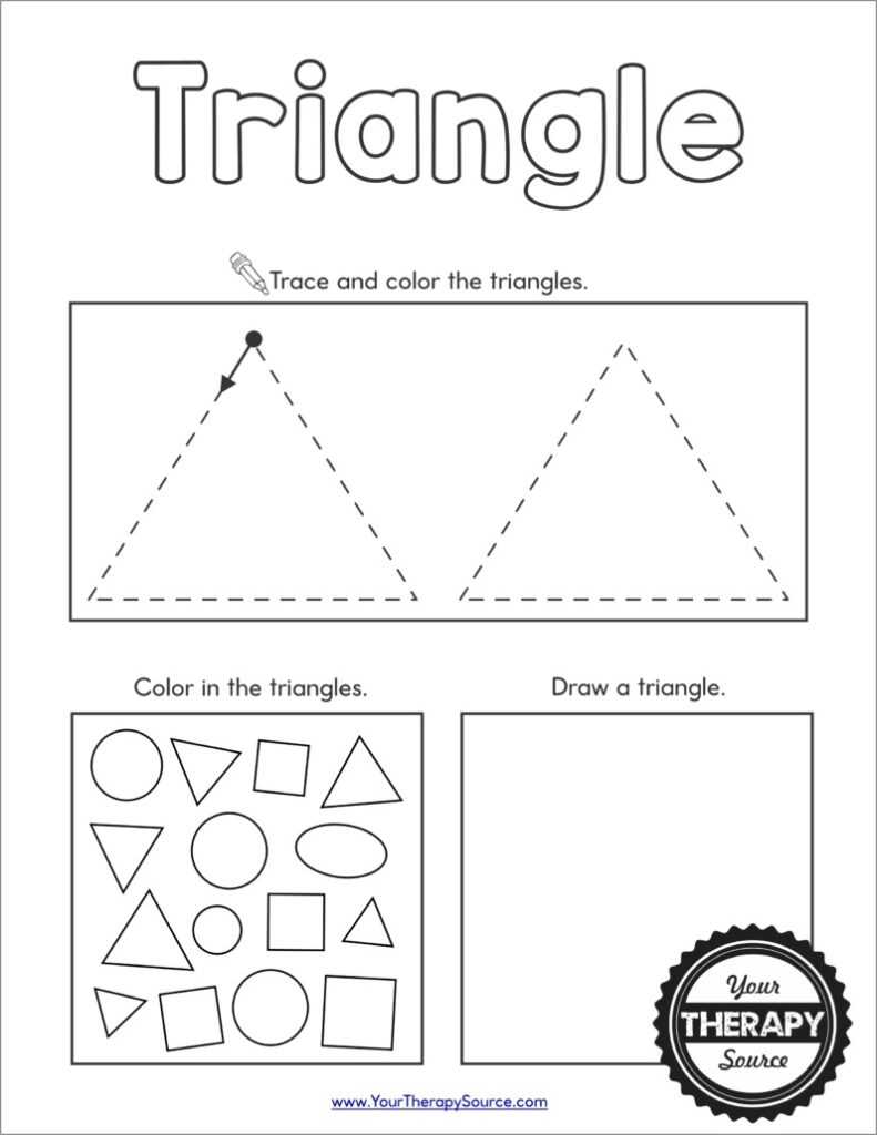 Triangle tracing and coloring worksheet with shapes