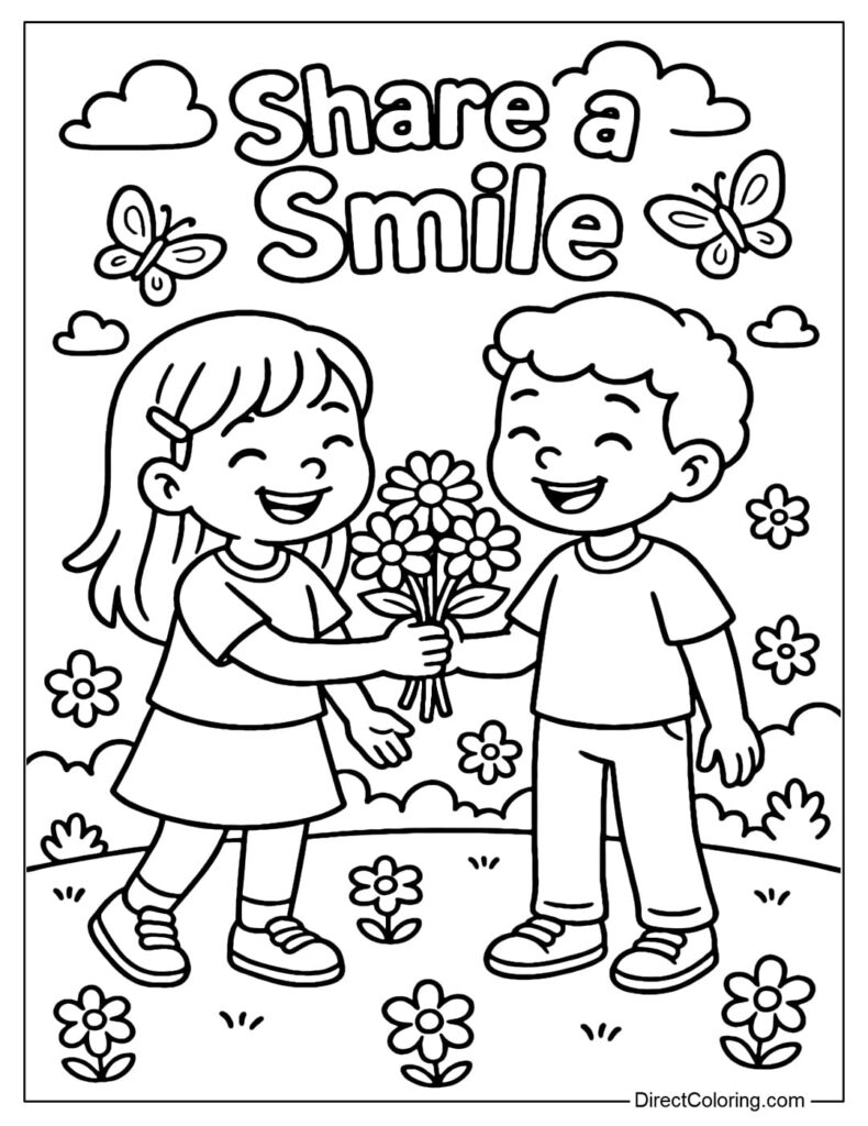 Coloring page of smiling children sharing flowers outdoors