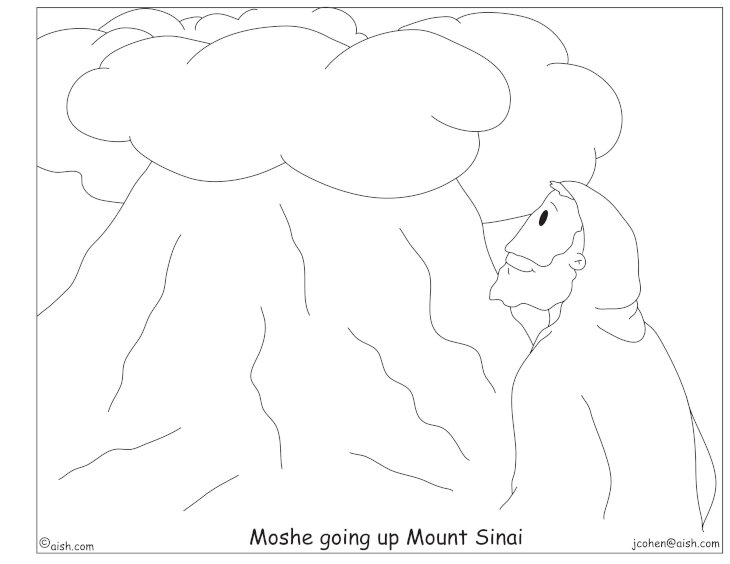 Line drawing of Moses beside Mount Sinai under clouds