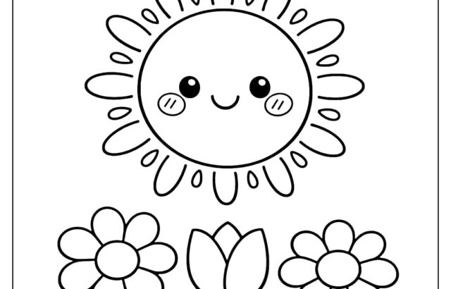 Cute sun and flowers coloring page with “Hello May