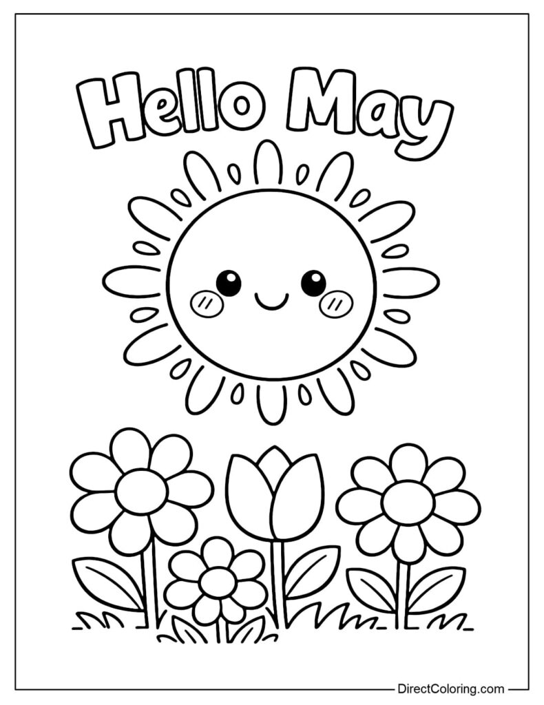 Cute sun and flowers coloring page with “Hello May