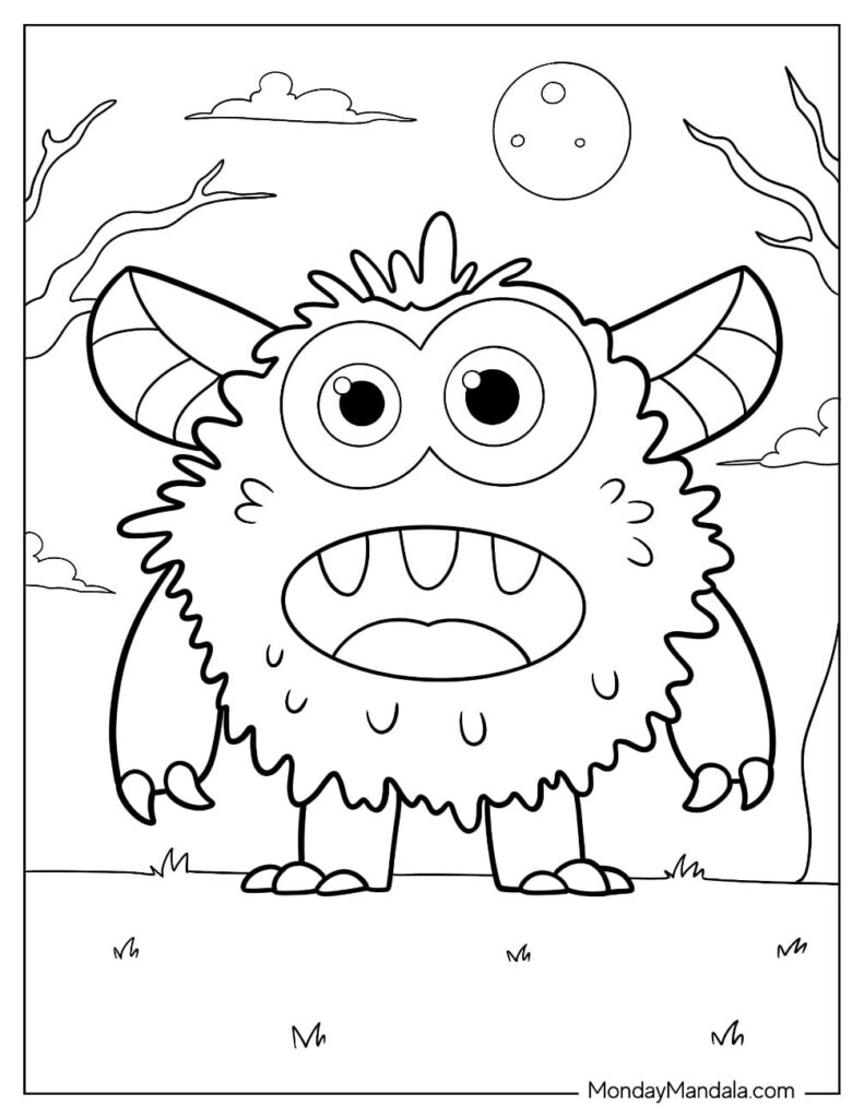Cartoon furry monster with big eyes and horns