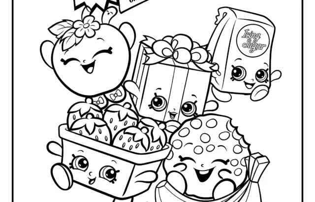 Black-and-white Shopkins coloring page with five characters and logo