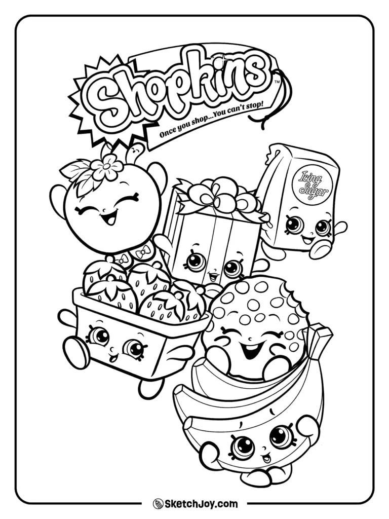 Black-and-white Shopkins coloring page with five characters and logo