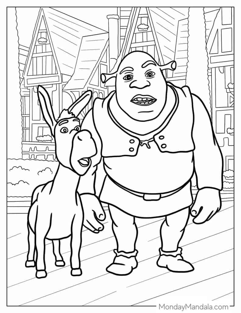 Shrek and Donkey standing in village street coloring page