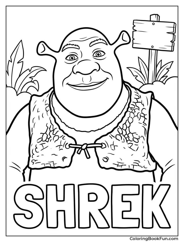 Shrek portrait coloring page with large text