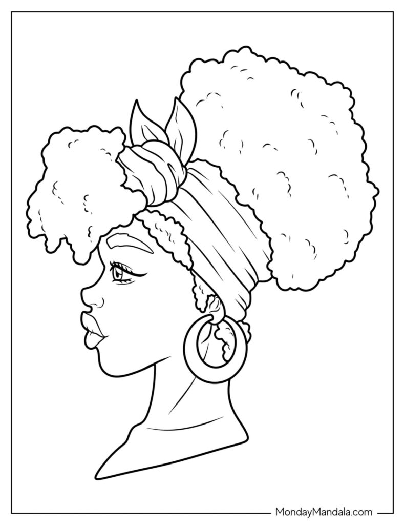 Black line drawing of woman with afro hairstyle