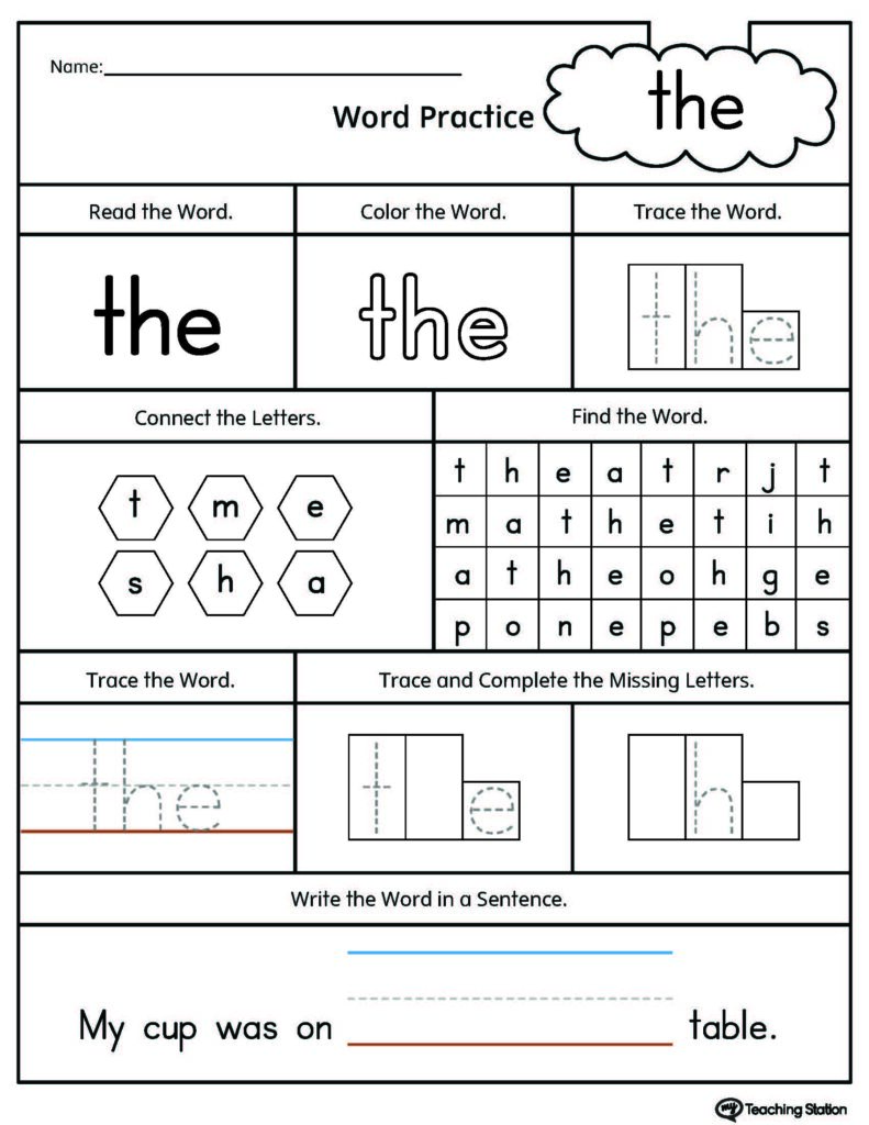Sight word worksheet with the word “the” exercises