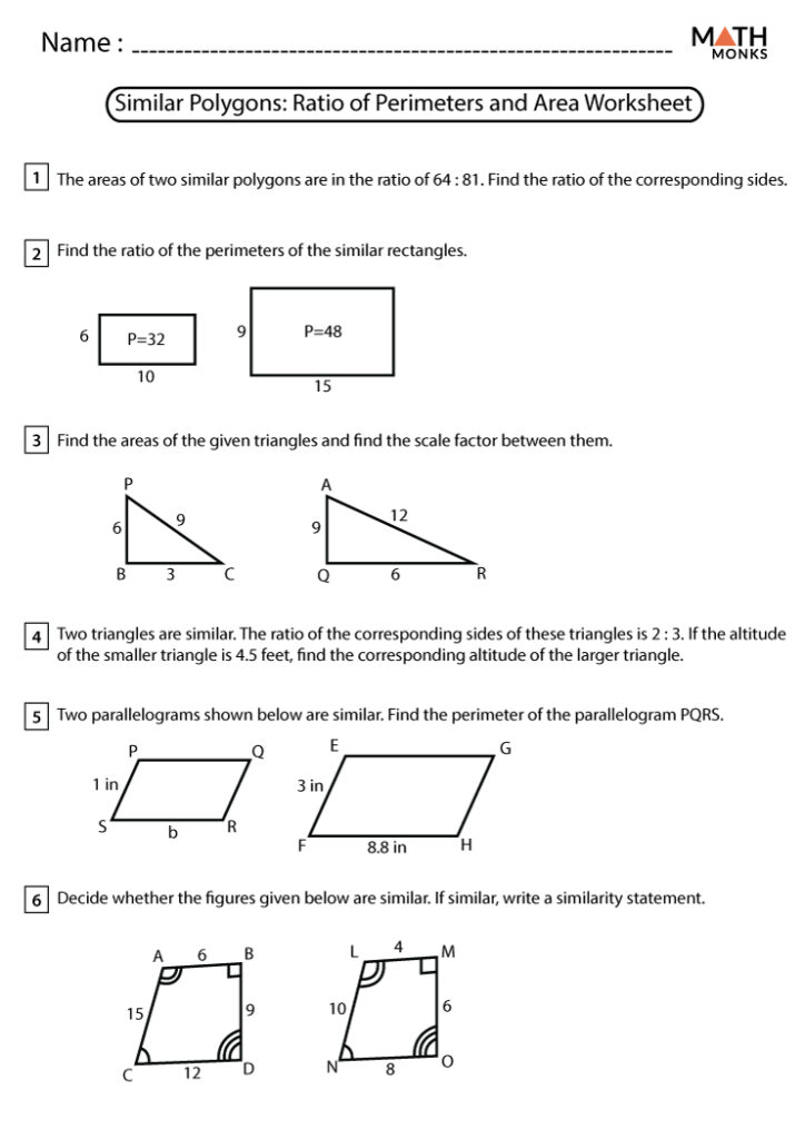 Similar polygons math worksheet with triangles and rectangles