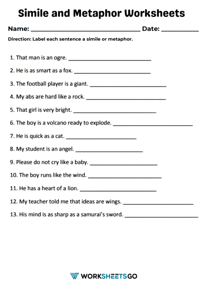 Simile and metaphor worksheet with numbered sentences
