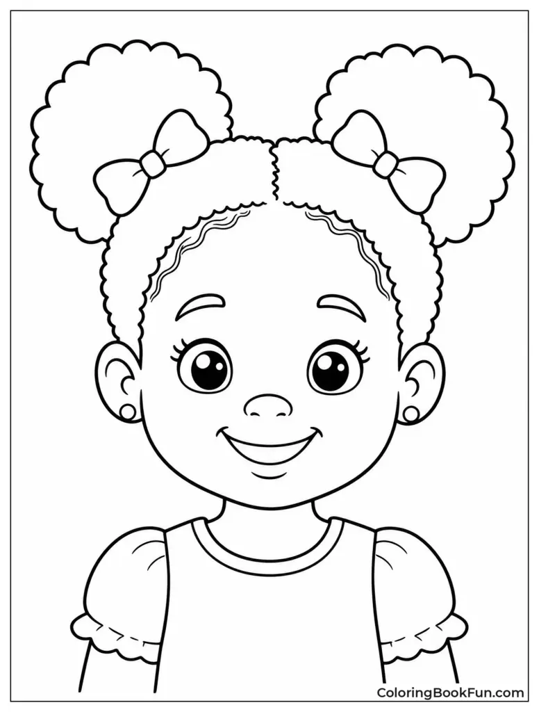 Black-and-white cartoon girl coloring page with pigtails and bows