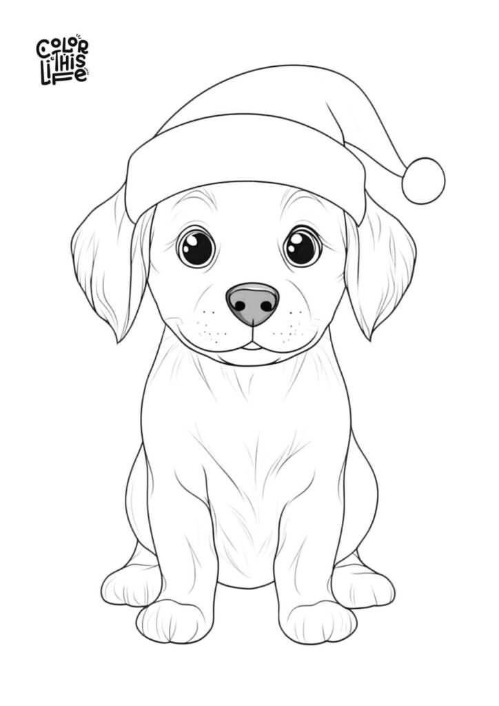Cute puppy wearing a Santa hat coloring page