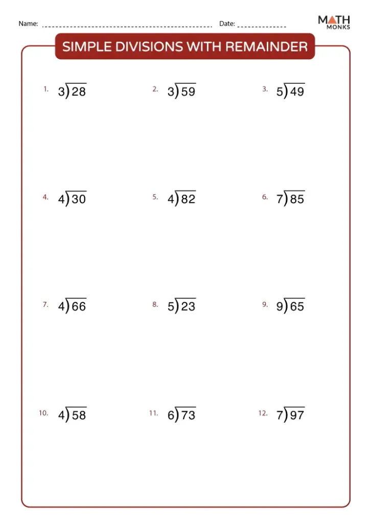 Math worksheet with simple division problems and remainders