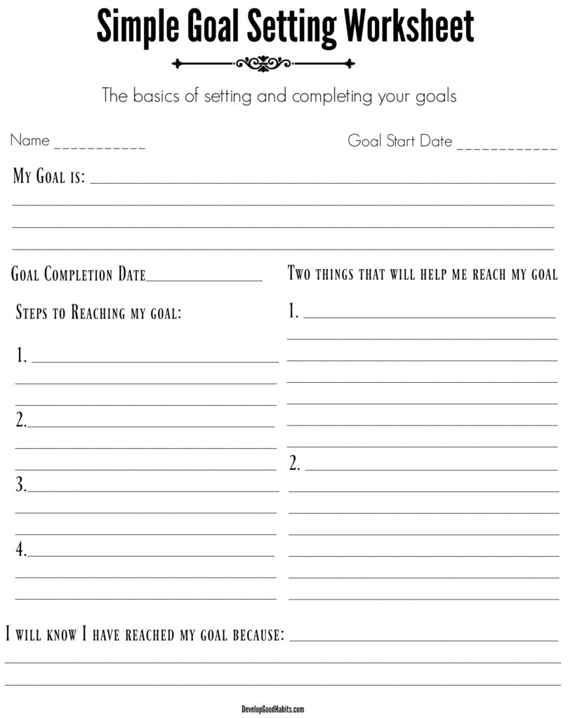 Simple goal setting worksheet with blank lines and prompts