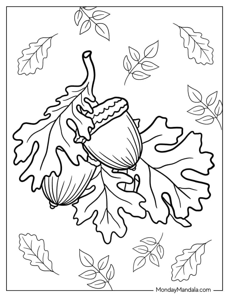 Black-and-white acorn and oak leaf coloring page