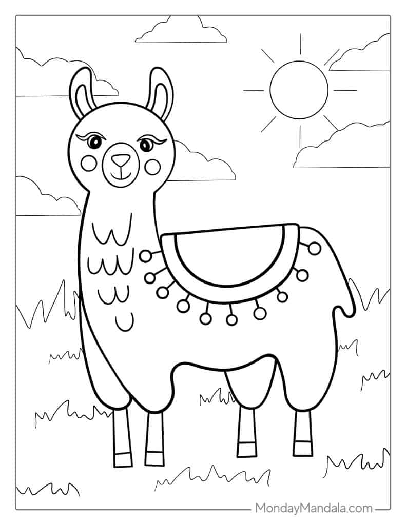Cartoon llama in grassy field under sun and clouds