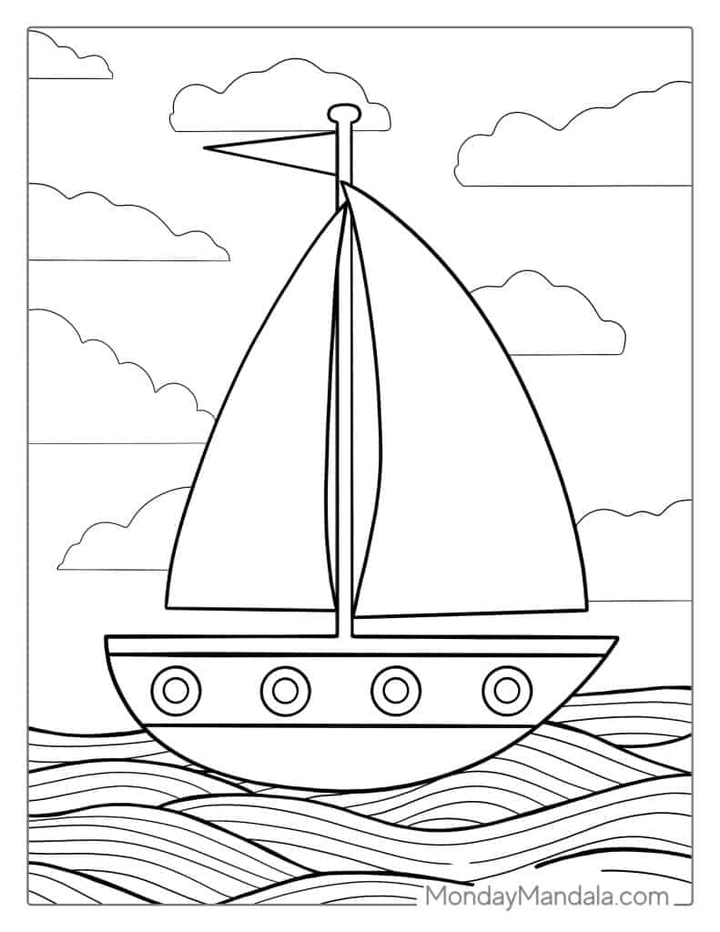 Line drawing of a sailboat on waves with clouds