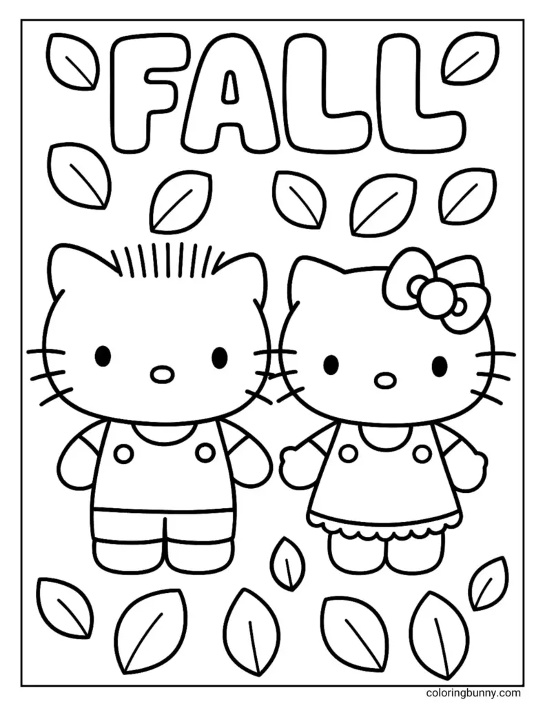 Hello Kitty fall coloring page with leaves and two characters