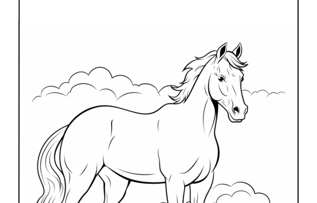 Line drawing of horse standing on grassy hill with clouds