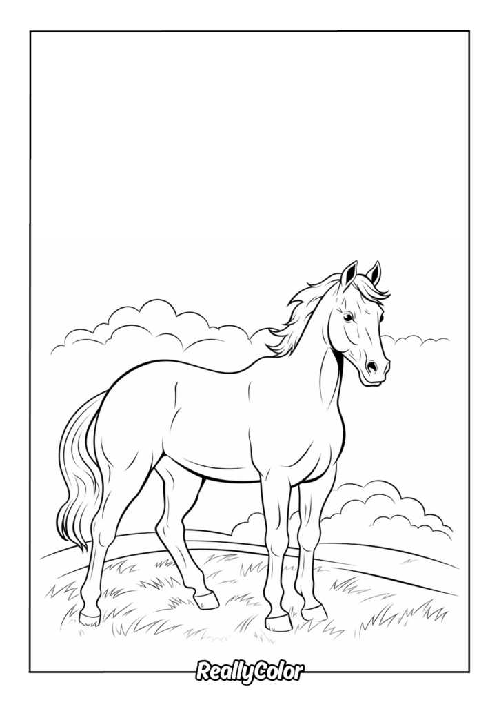 Line drawing of horse standing on grassy hill with clouds