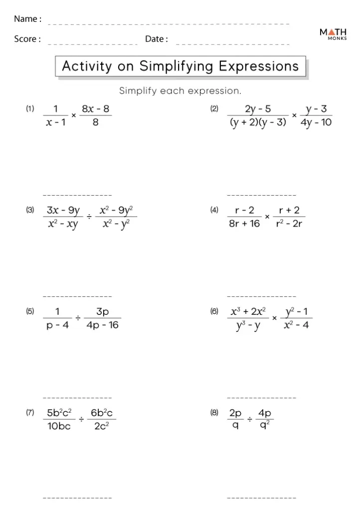 Math worksheet with simplifying expressions problems