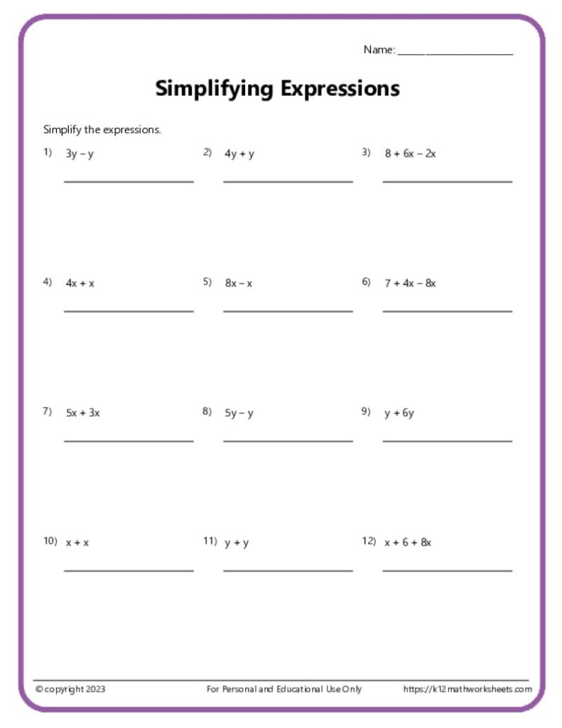 Simplifying expressions math worksheet with twelve problems