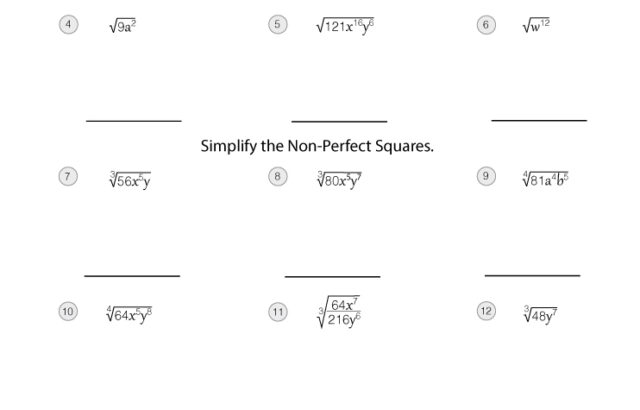 Simplifying radical expressions math worksheet with blanks