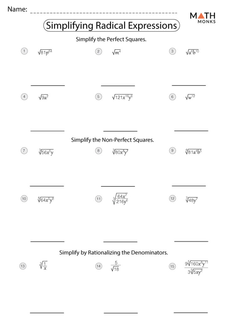Simplifying radical expressions math worksheet with blanks