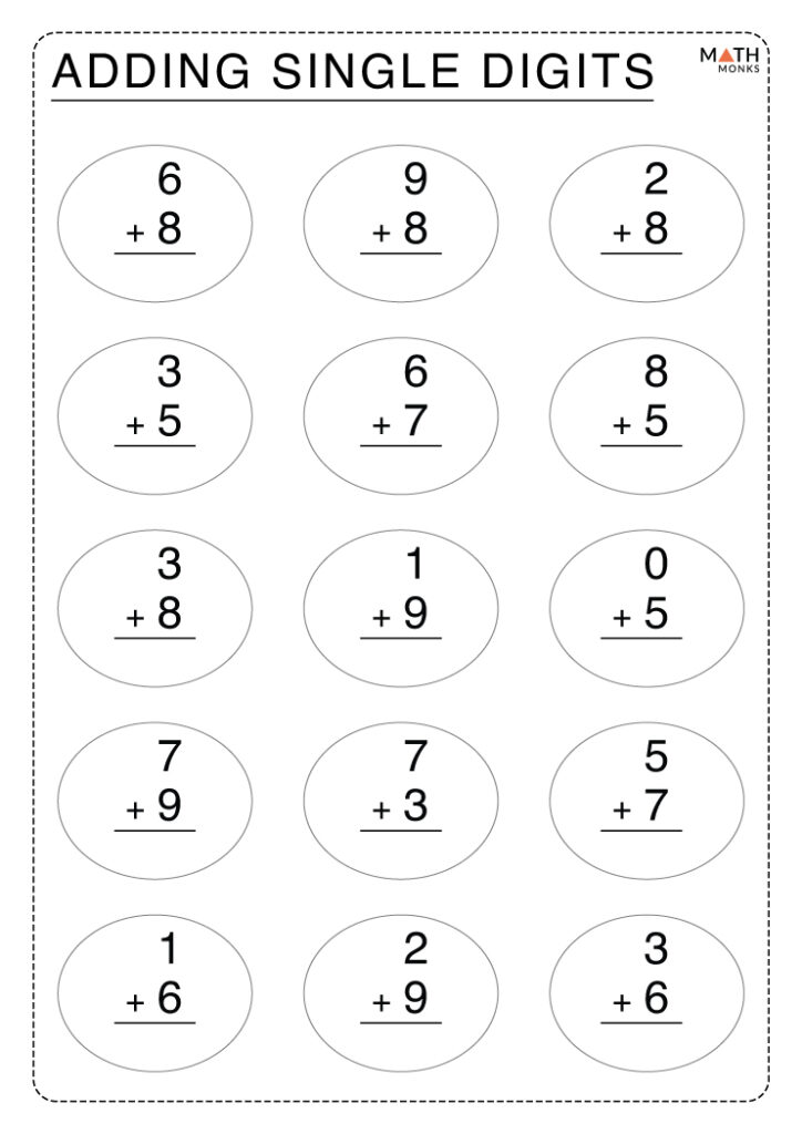 Single-digit addition worksheet with circles and numbers