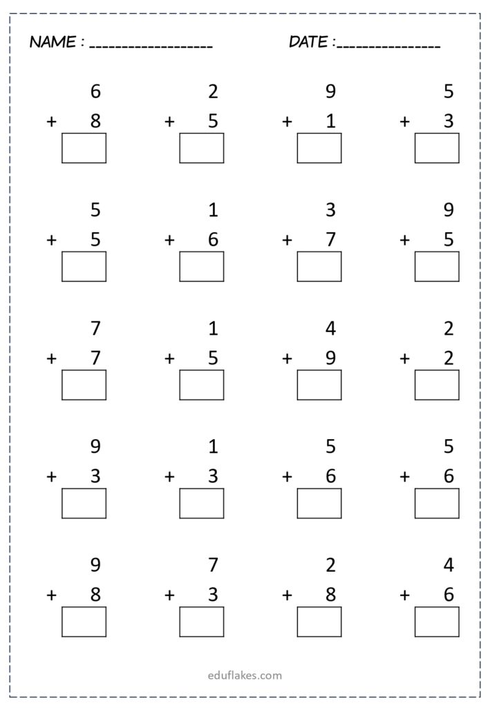 Printable math worksheet with single-digit addition problems and boxes