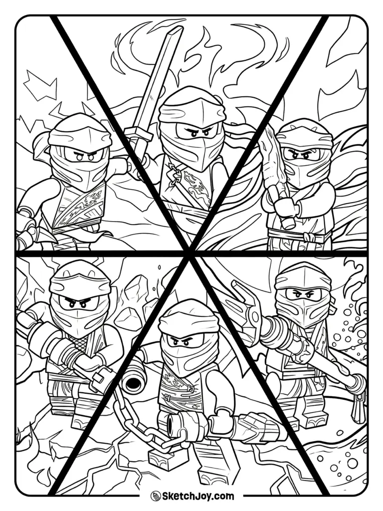 Six ninja warriors in action pose coloring page