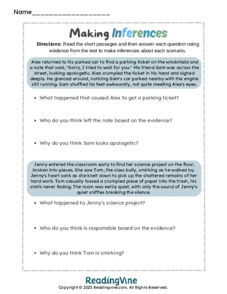 Making inferences worksheet with reading passages and questions