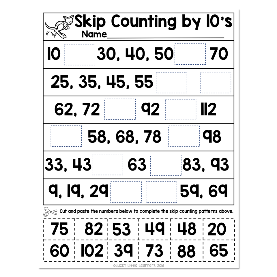 Skip counting by tens worksheet with missing numbers boxes