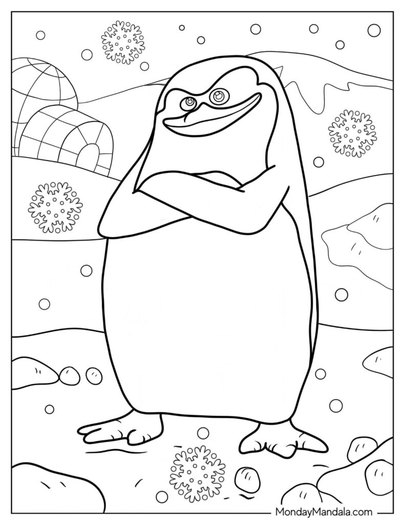 Cartoon penguin standing with arms crossed in snowy landscape