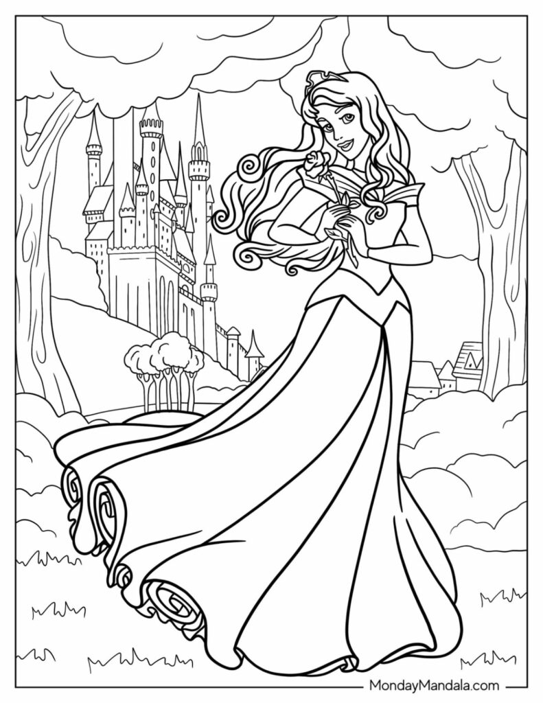 Princess in gown holding flower near castle
