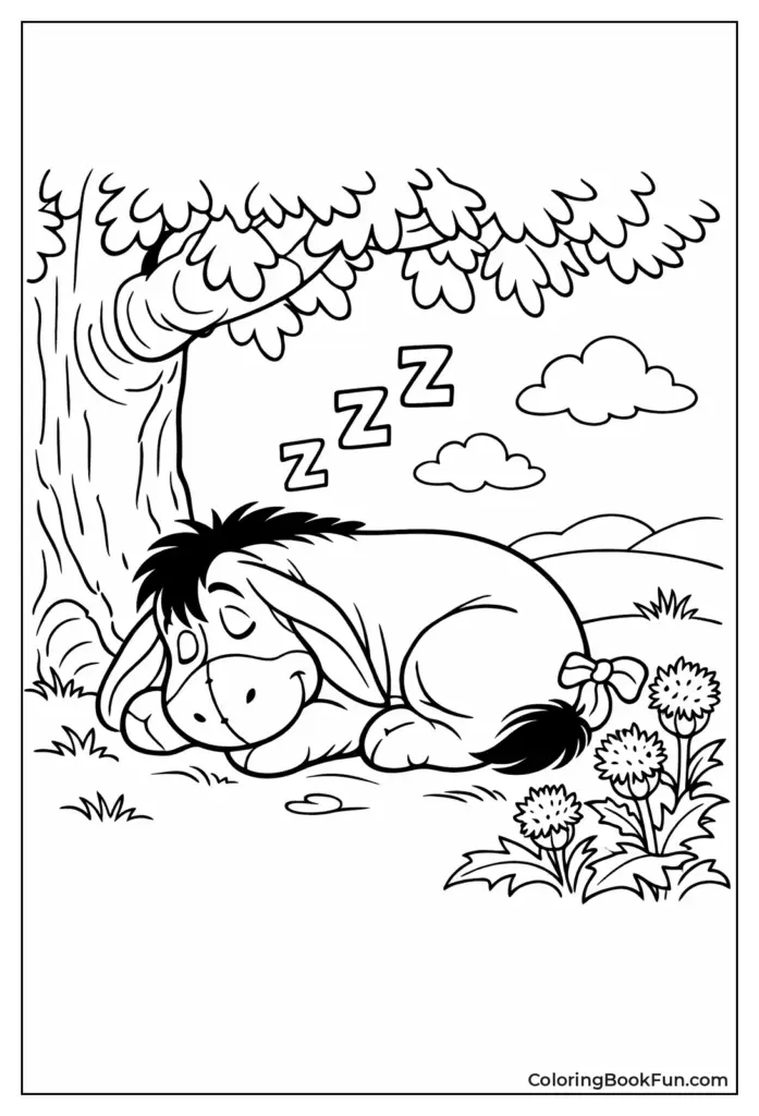 Sleeping donkey under tree with clouds and flowers