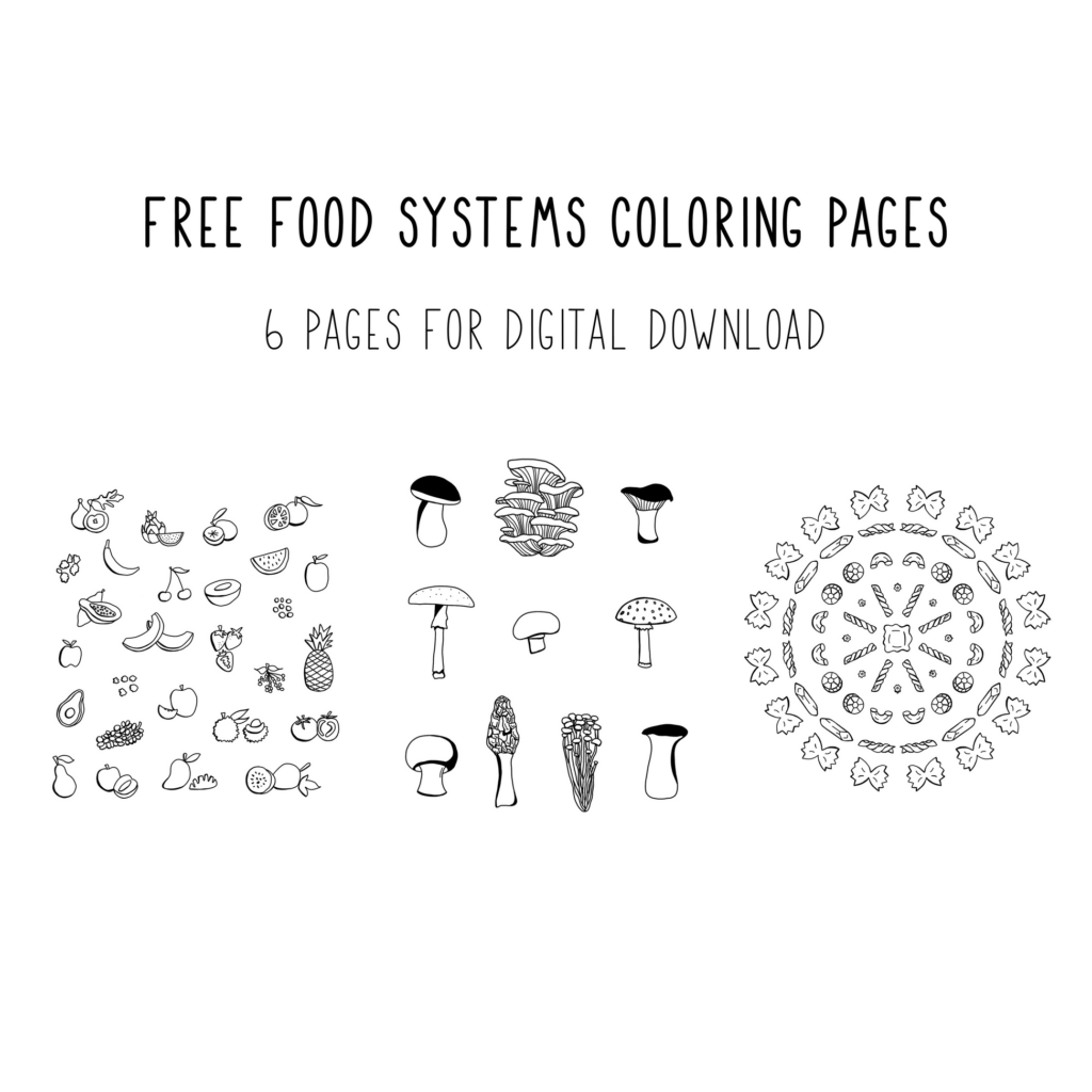 Free food systems coloring pages with mushroom illustrations