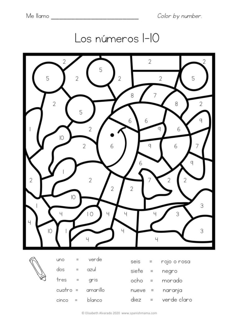 Spanish color-by-number worksheet with fish illustration