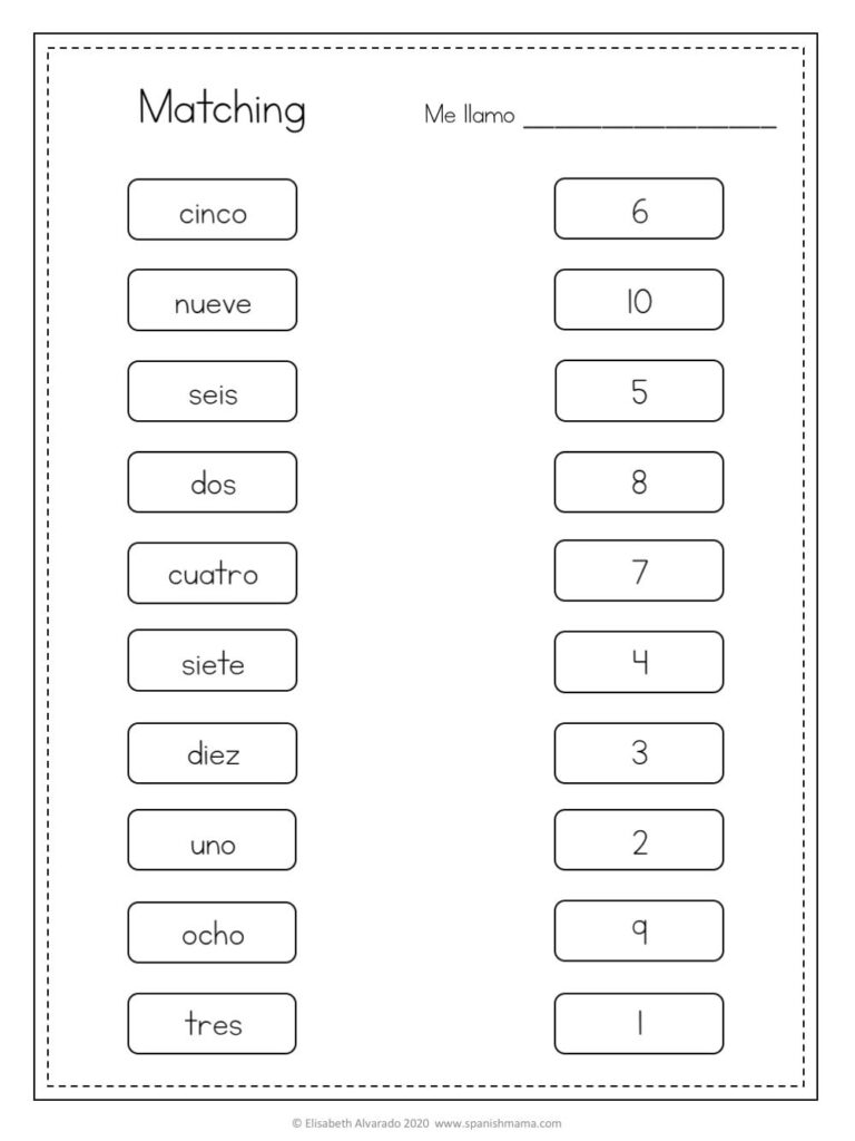 Spanish matching worksheet with numbers and words