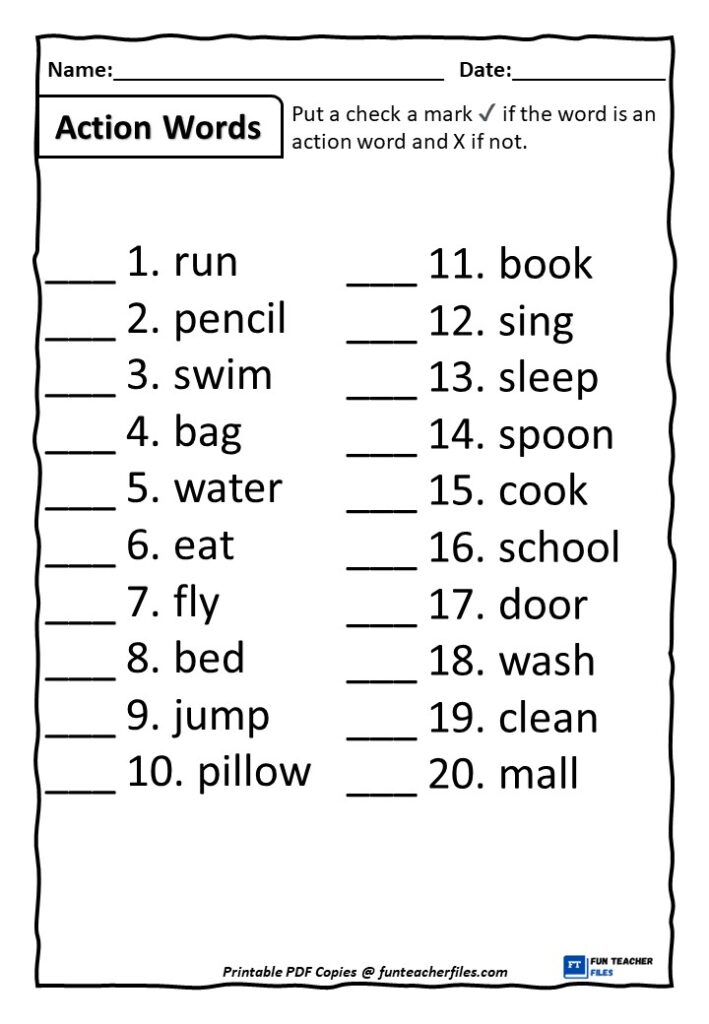 Printable action words worksheet with numbered vocabulary list