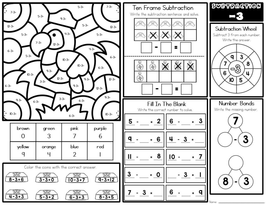 Subtraction worksheet collage with several math activity boxes