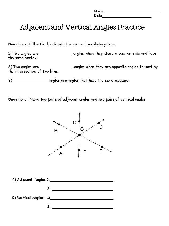 Adjacent and Vertical Angles Practice worksheet with angle diagram