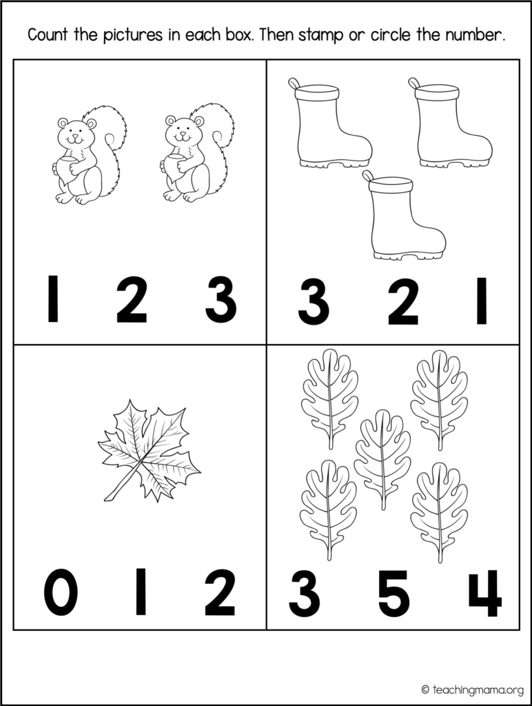 Fall counting worksheet with squirrels, boots, leaves, and numbers