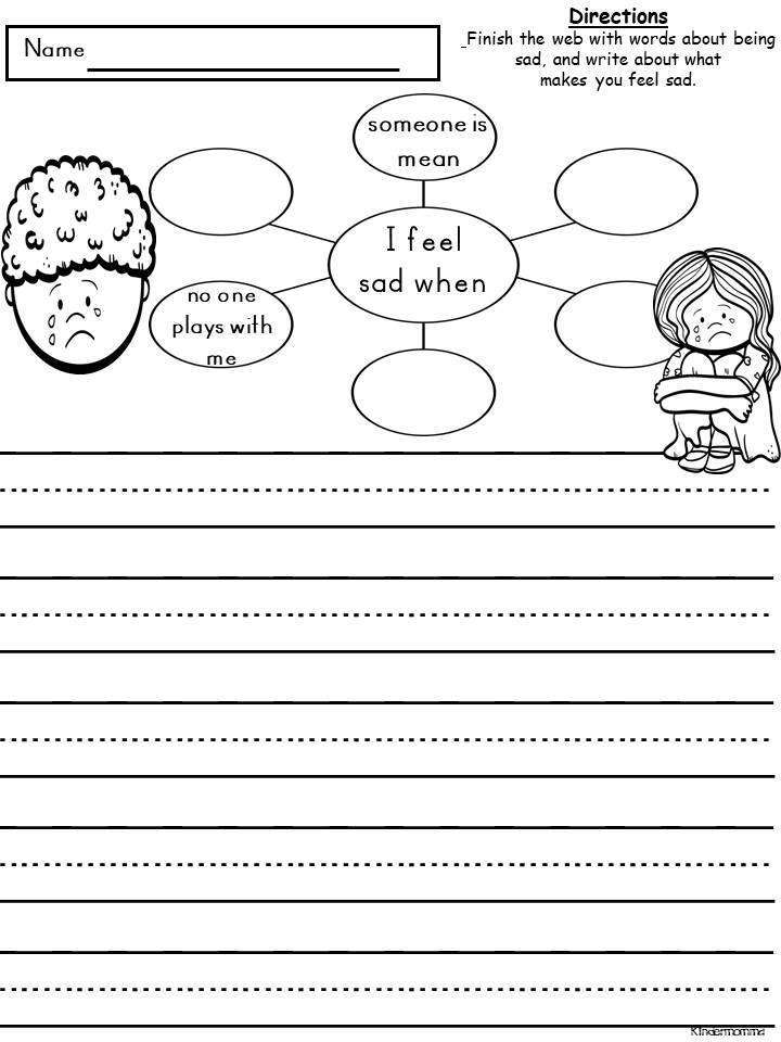 Sad feelings worksheet with blank lines and drawings